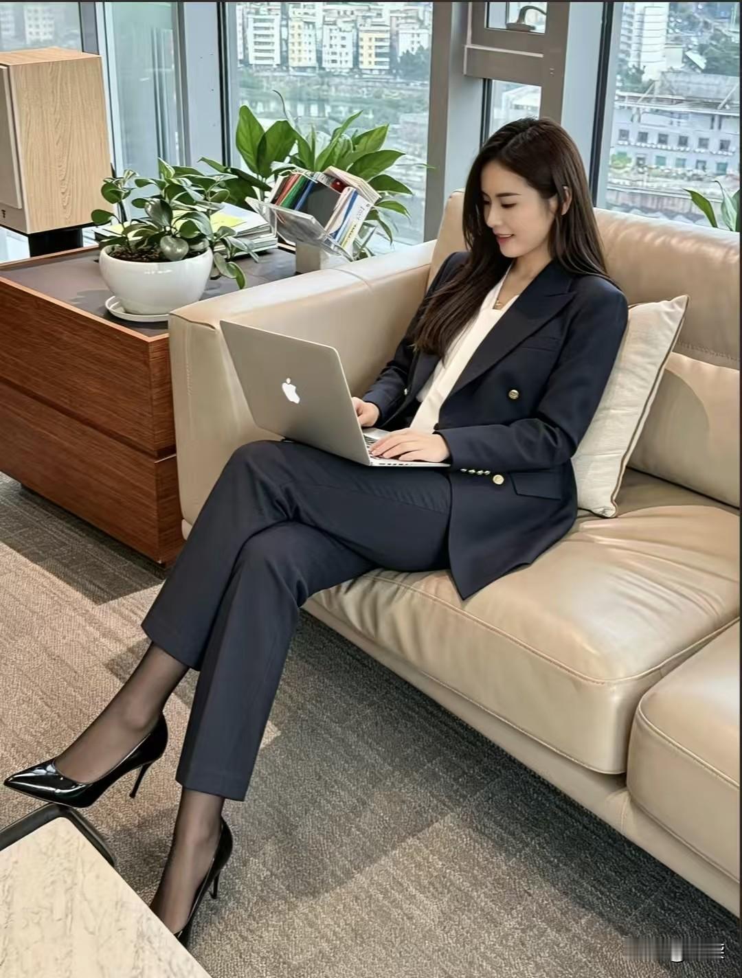 「穿对西装，自带锋芒。」藏蓝裁就骨中香，金扣微添意气扬。不借妆容添颜色