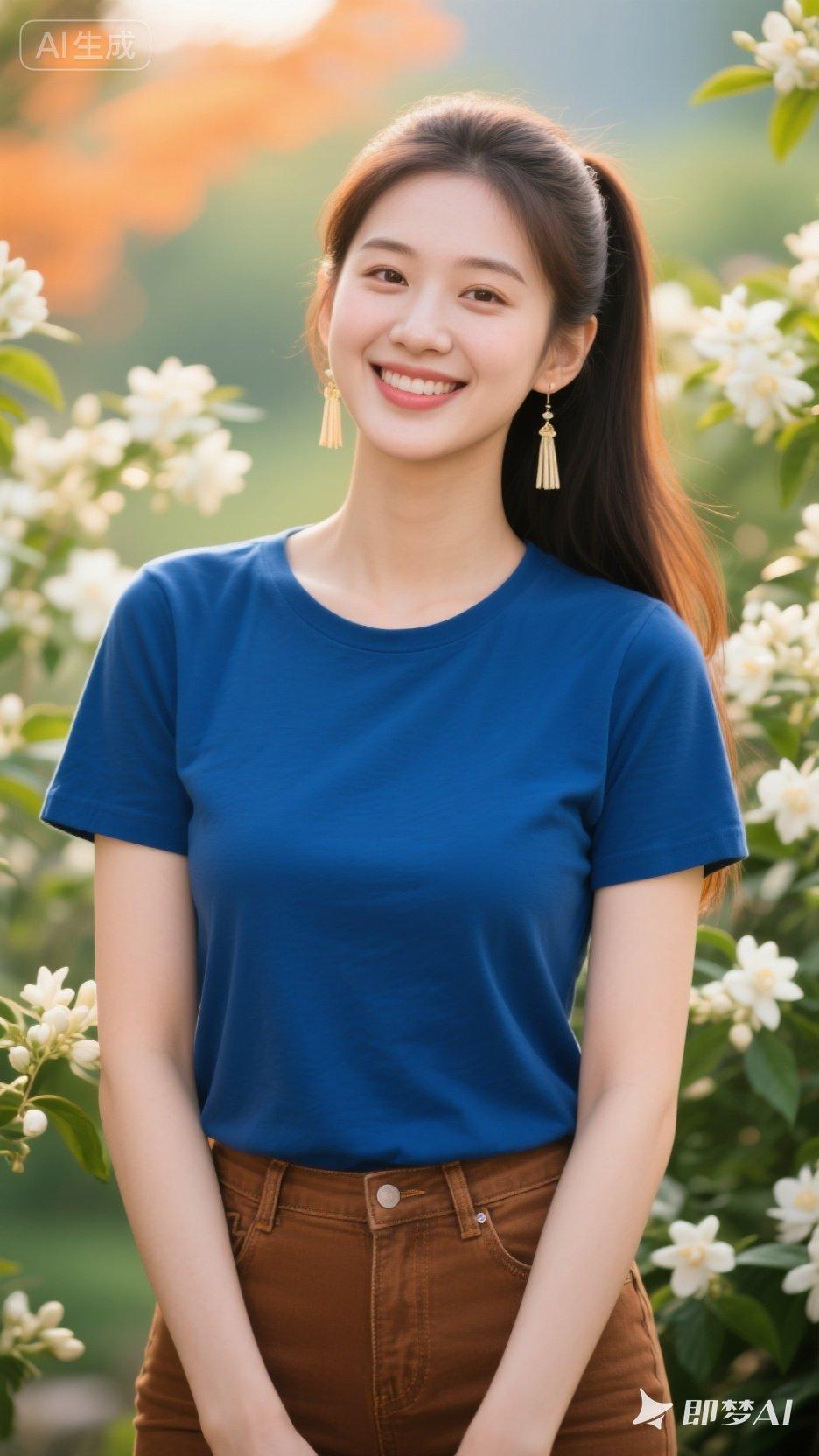 一个女孩在花丛中微笑。