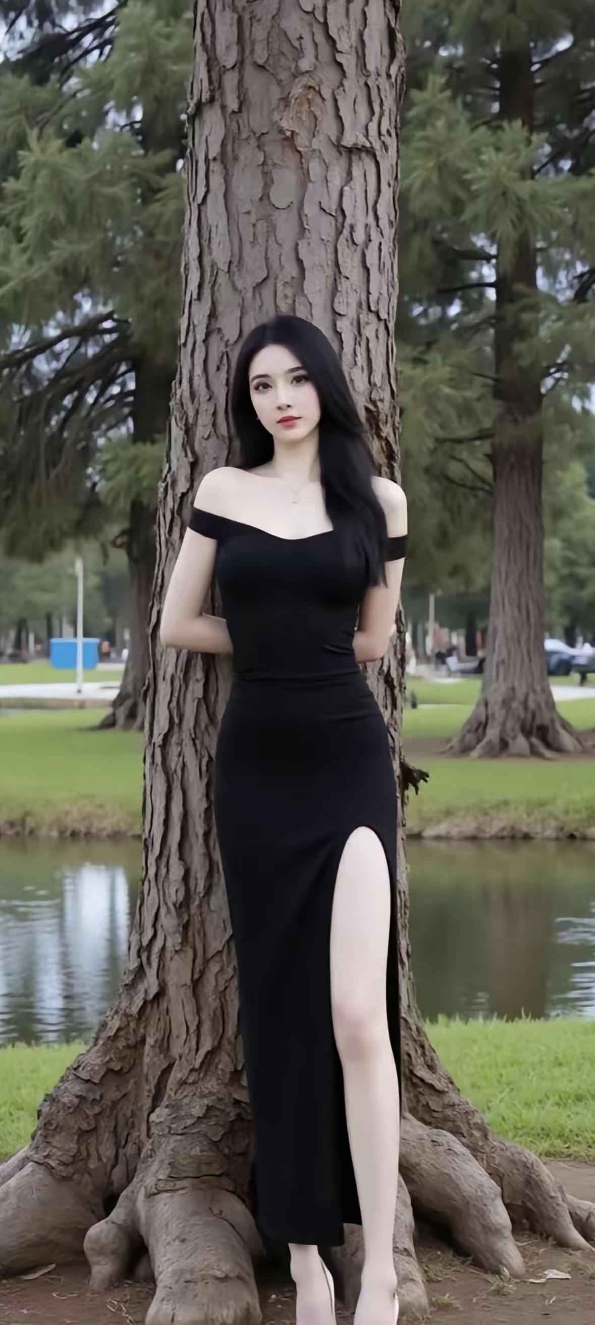 优雅黑裙，树间仙子，静谧公园，美不胜收