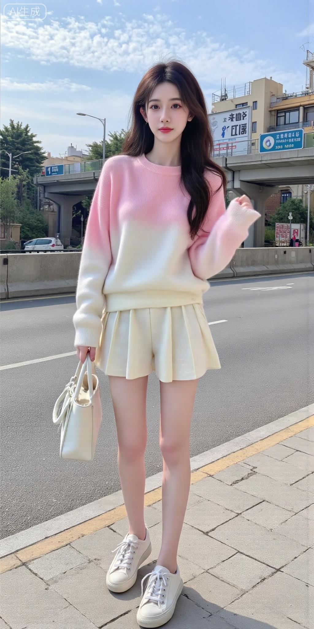 软乎乎粉白穿搭，城市街角的元气少女感拉满粉系少女感穿搭粉系少女穿搭