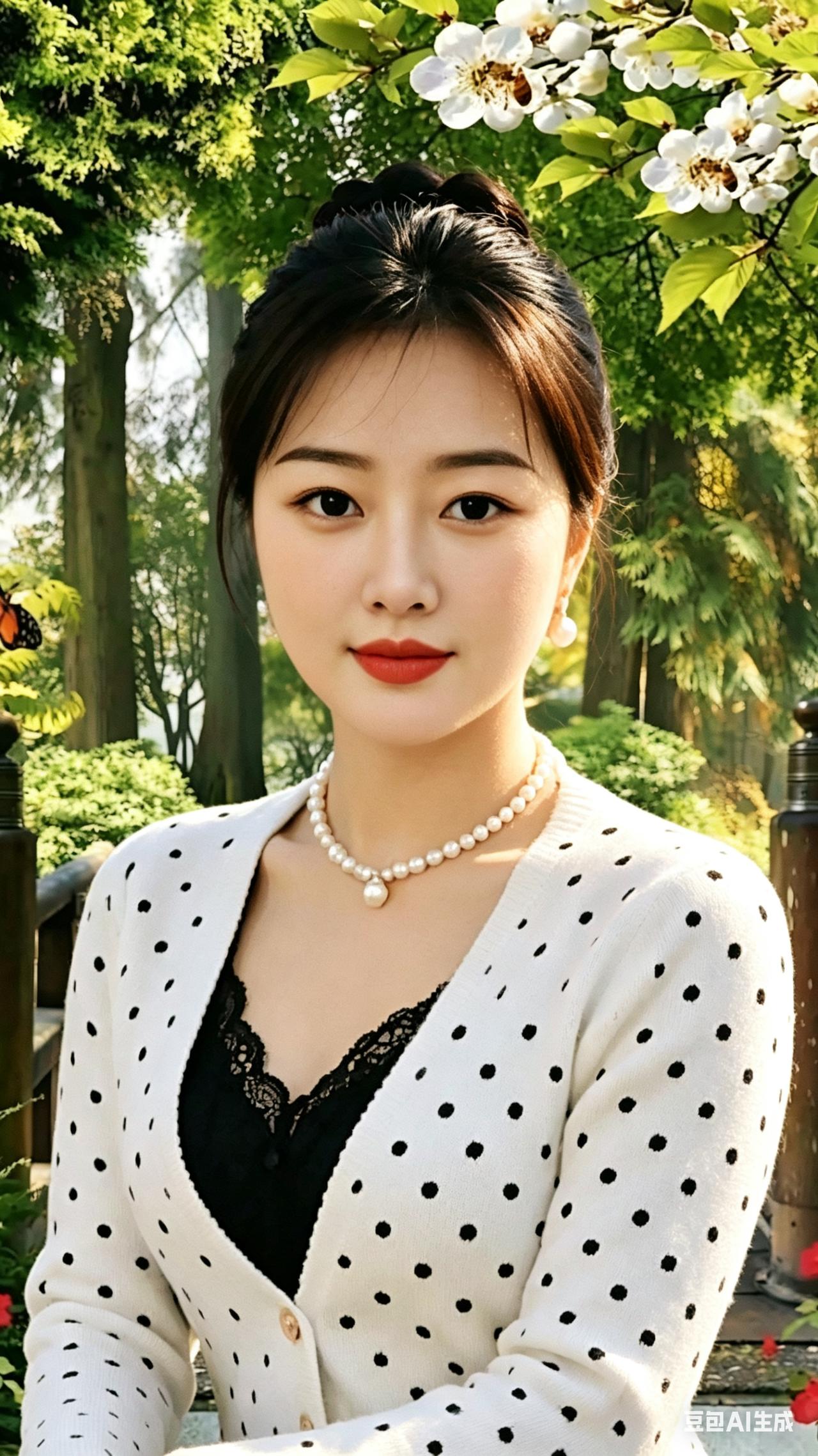 打油诗绿树繁花衬俏容，波点外衣韵致浓。珍珠项链颈间绕，眼含柔波笑意融。