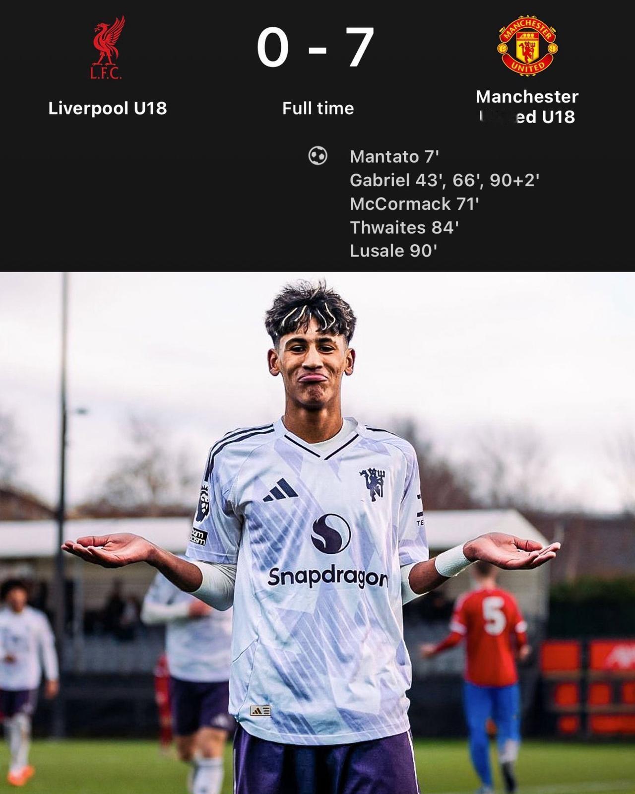 JJ·加布里埃尔——帽子戏法。据说他是卡灵顿U18级目前涌现出的最有天赋的球员