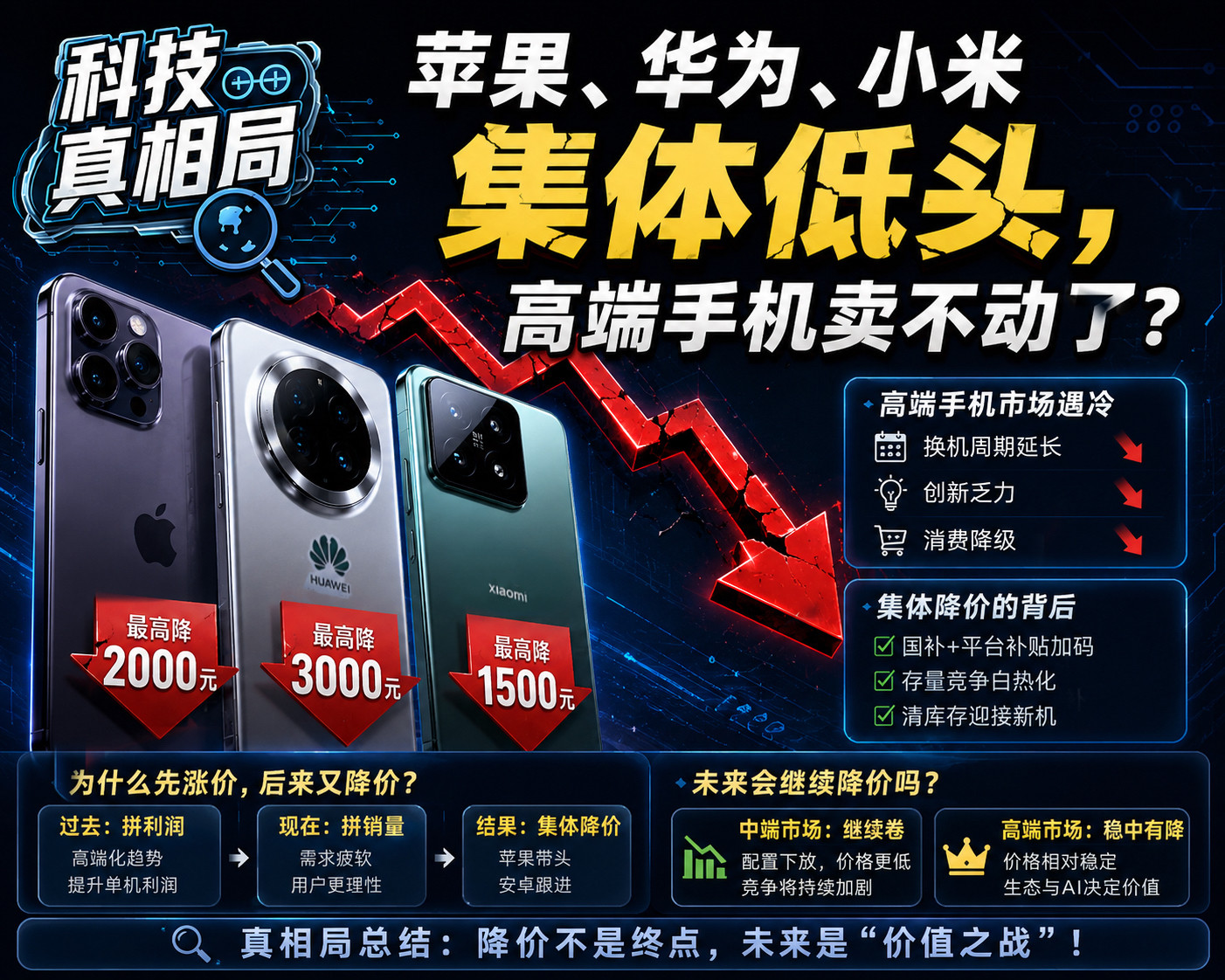 以前手机一年比一年贵，大家都说高端化，现在苹果、华为、小米集体低头，高端手机卖不