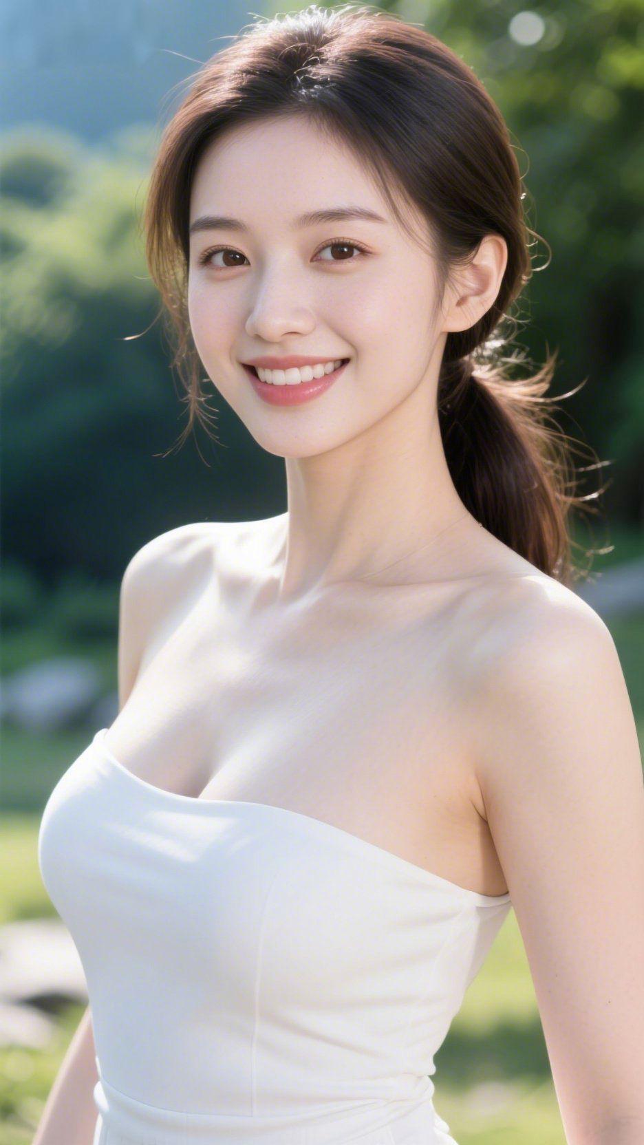 晴日里的白裙笑颜站在葱郁的绿意间，一袭简约的白色素裙，似将晴日的柔光揽入了