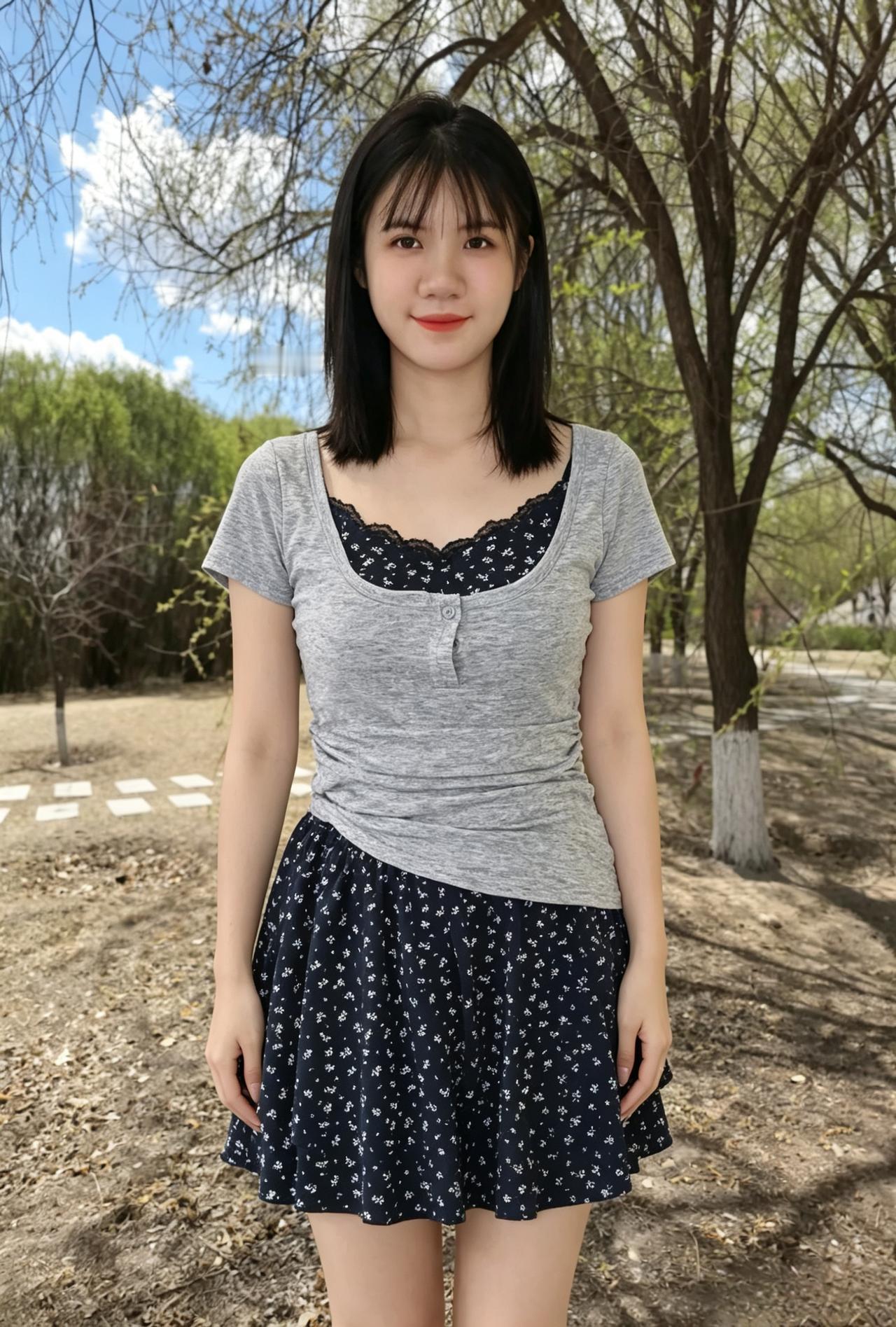 云影天光落鬓边，罗衣轻飏步芳田。东风也爱佳人面，频送清香到眼前。