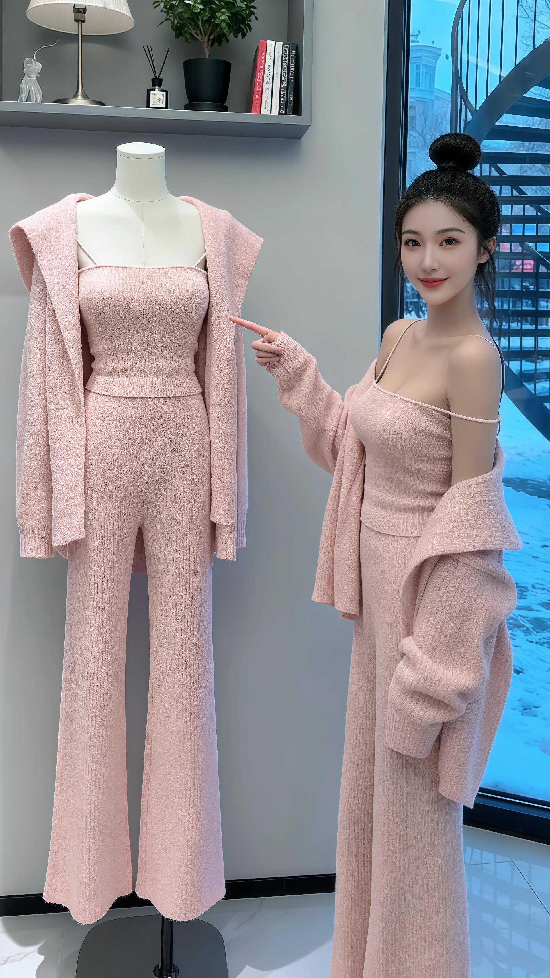 在都市的流光里，许妍一身柔粉针织套装，是慵懒与精致的交响。松垮开衫搭抹...