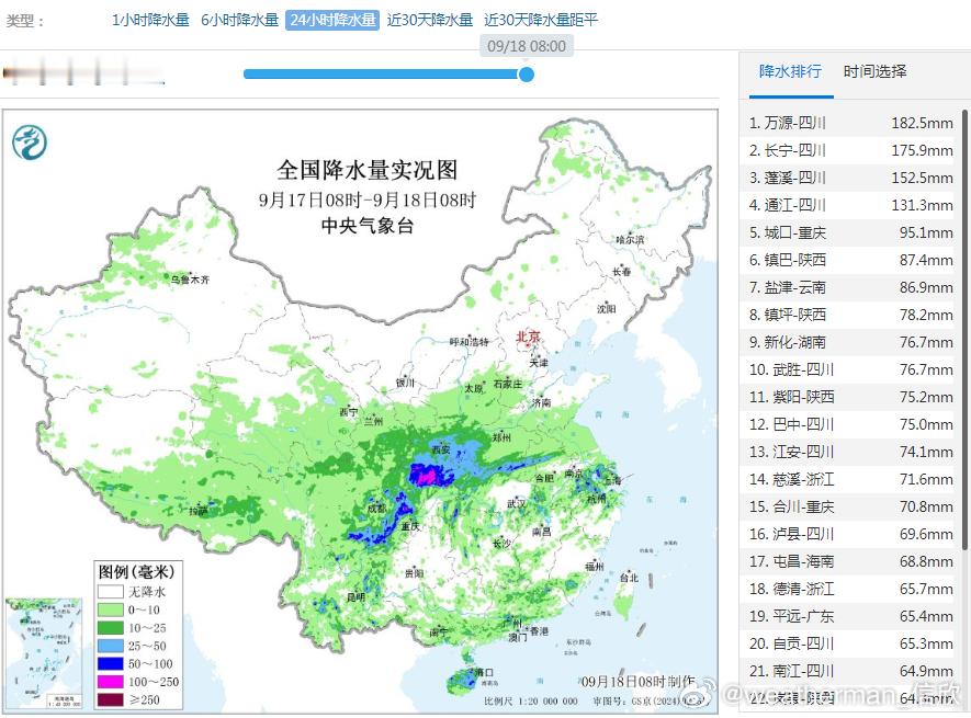 【强降雨和强对流】昨天到今晨，因为低涡切变线影响，华西一带强降雨持续。四川万源、