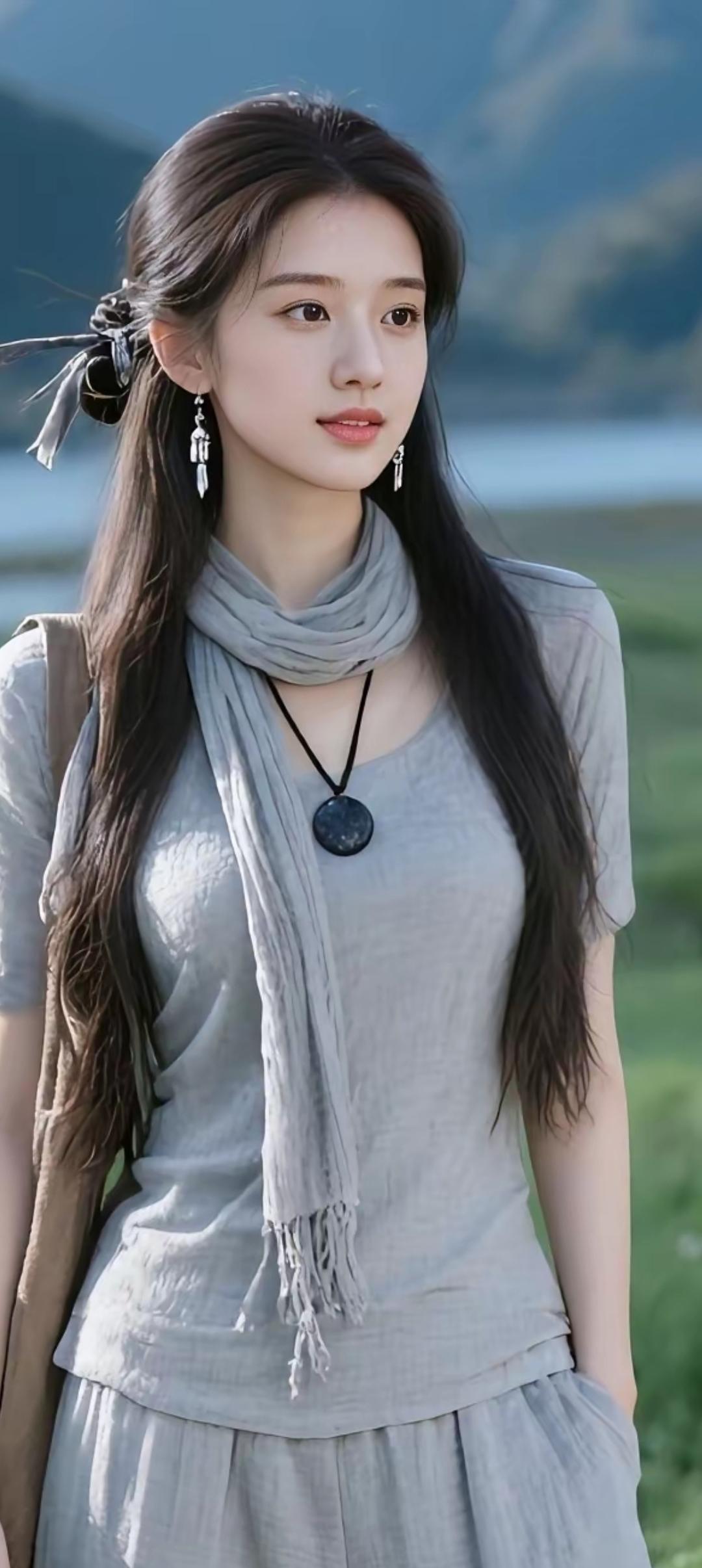 少女漫步在湖畔，清新自然，如诗如画。