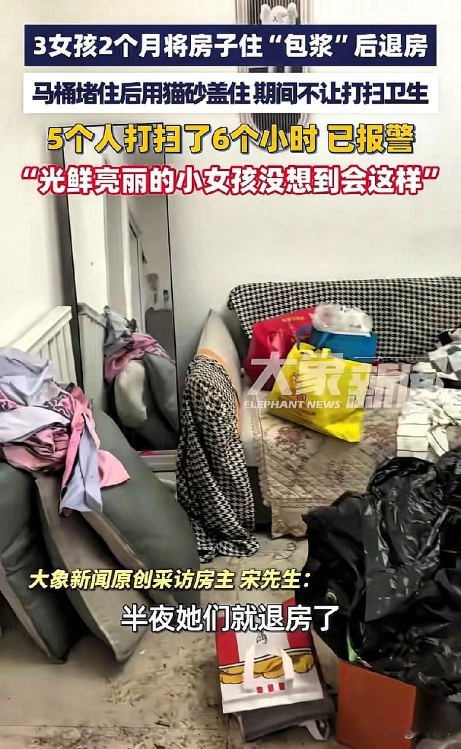 大开眼界了，这下全网都知道了！3名女孩将房子搞成“包浆”后退房，马桶堵住了用猫砂