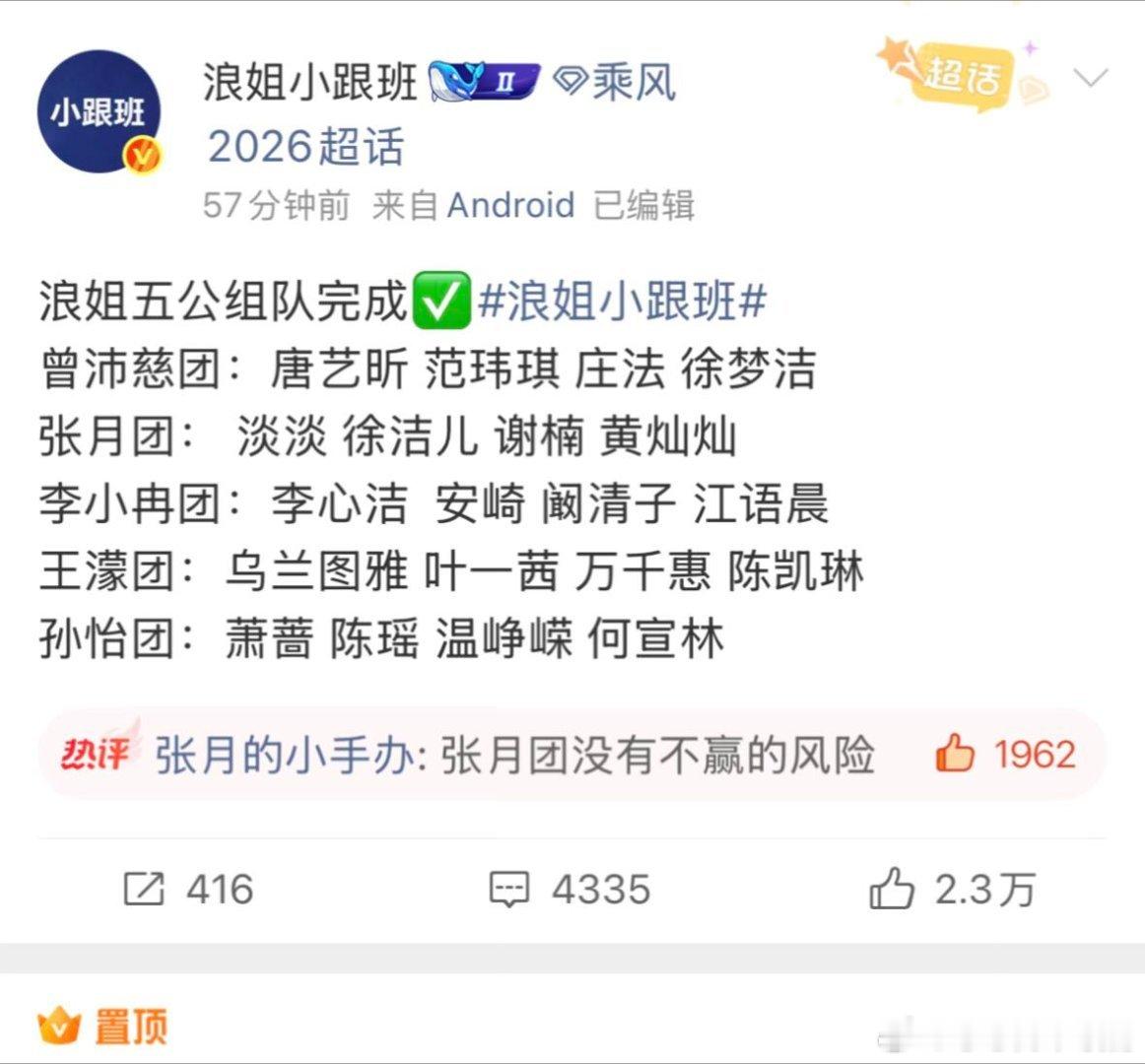 乘风破浪的姐姐最终组队情况我感觉五公张月曾沛慈应该能拿下前二稳稳当当的全员