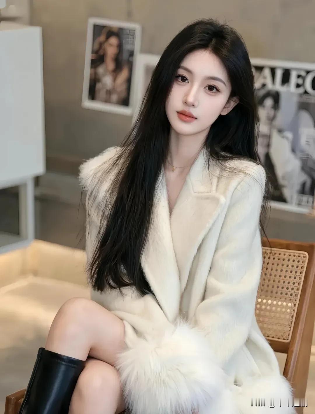 什么样的穿搭可以成为气质女神?奶白绒袍裹着软意，黑长卷发垂落肩臂，靴筒的冷冽衬