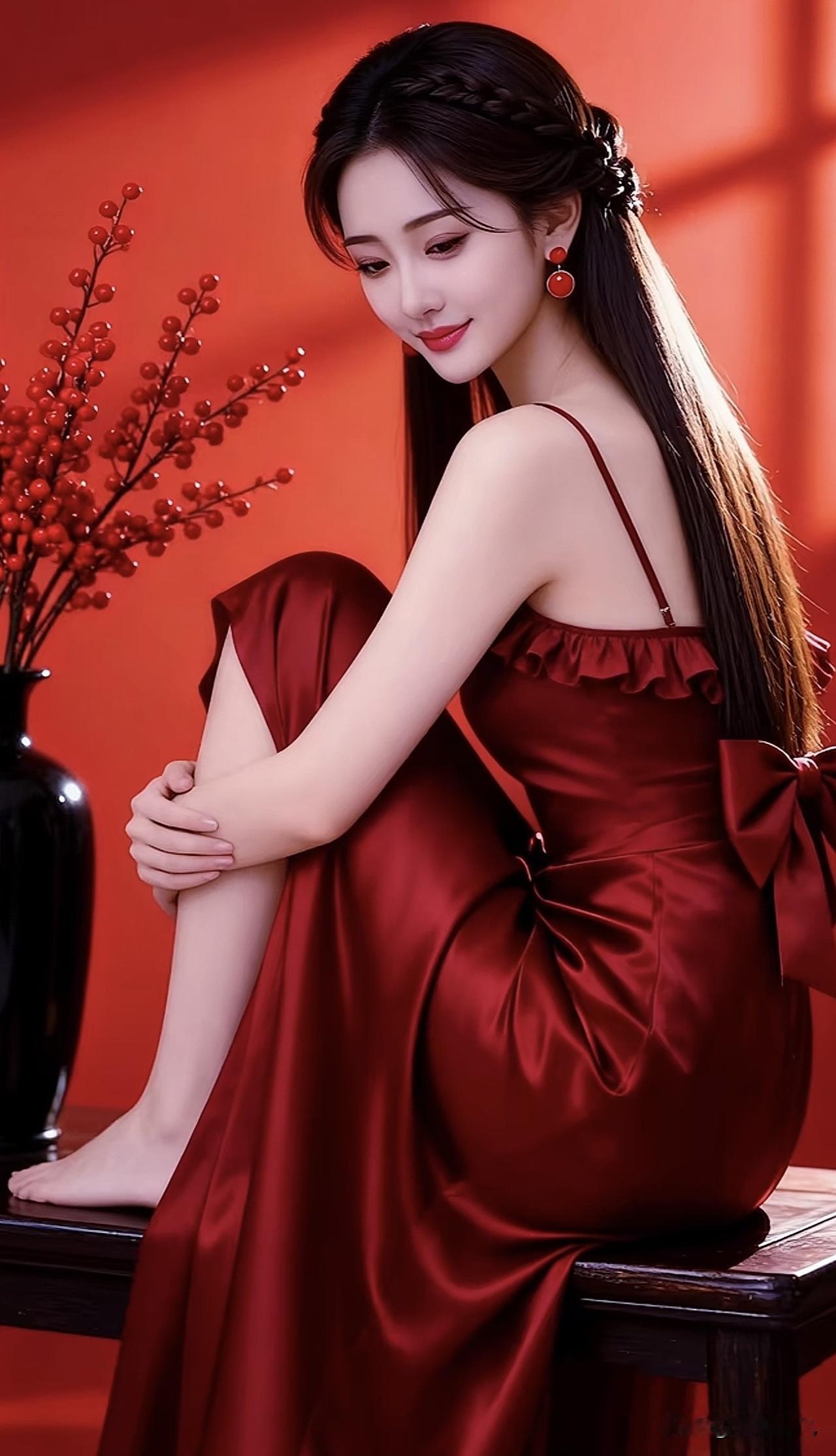 红衣美人，优雅坐椅，韵味十足气质红裙女红衣女拍照红装美人照红衣女拍照红装