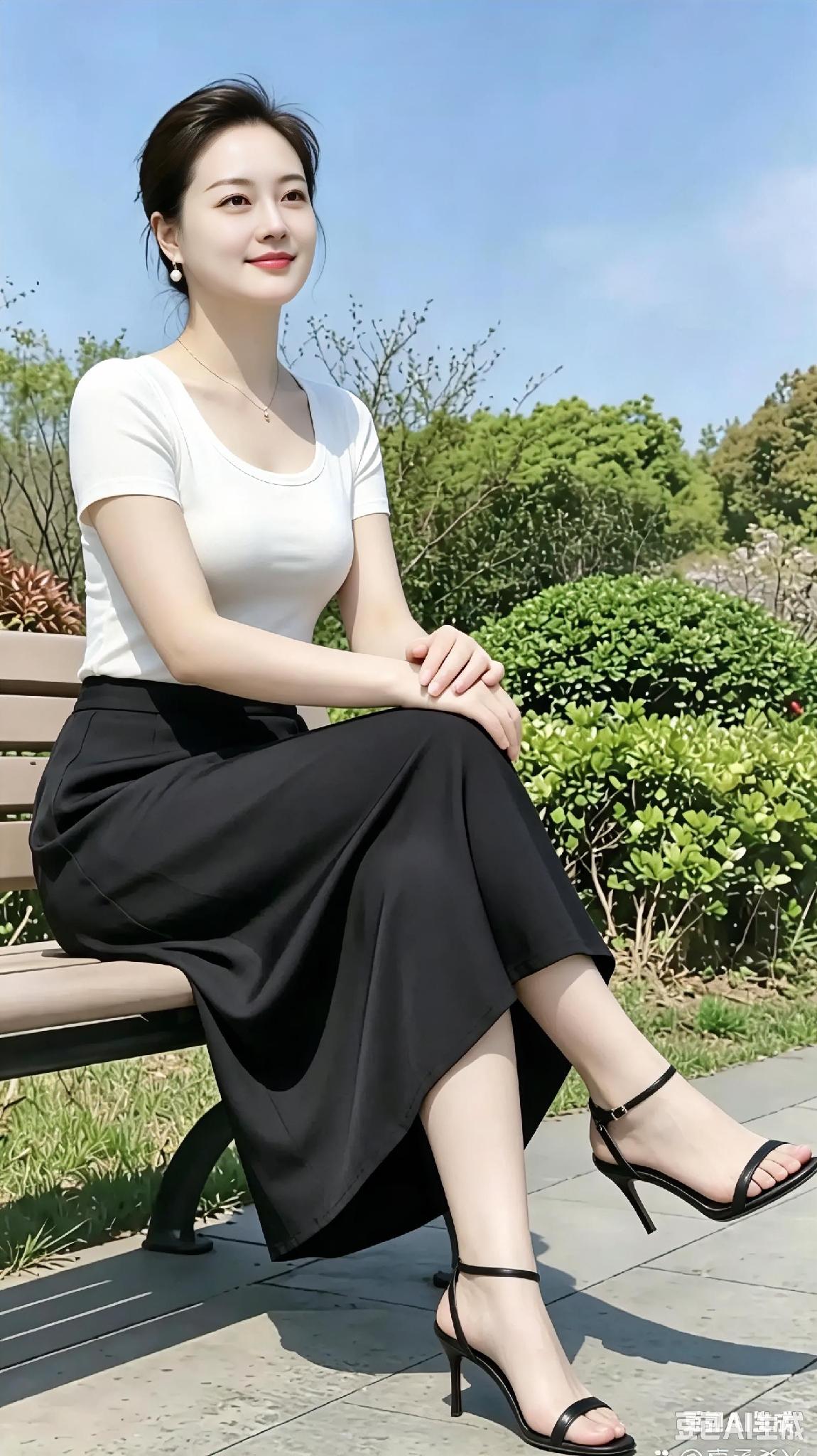 优雅黑裙，清新夏日，公园长椅上的美丽时光。轻松感穿搭分享简约大气黑裙黑