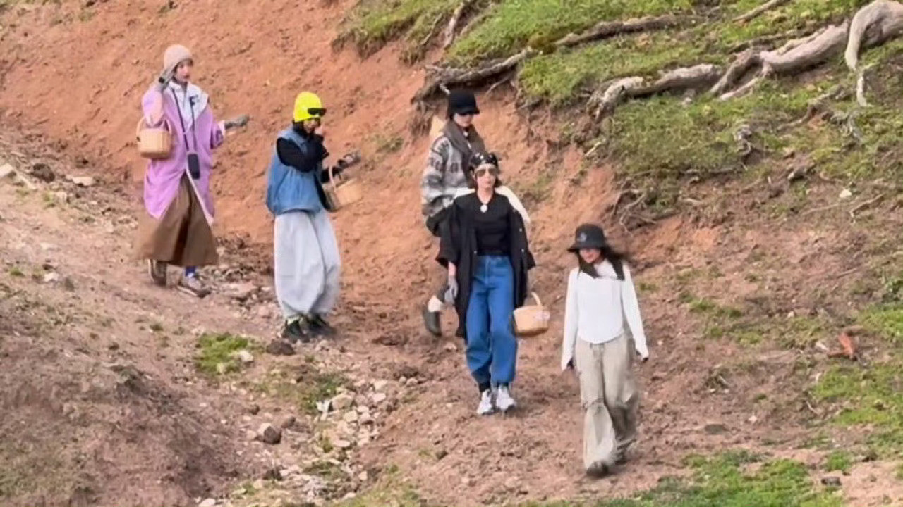 李宇春辛芷蕾高叶倪妮采蘑菇路透姐几个去采蘑菇，这向野是真的向野啊！四个人穿搭都好