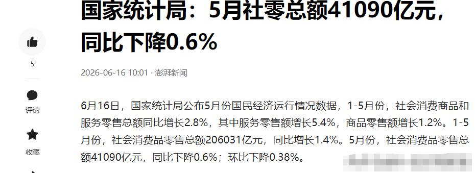 5月中国社会消费品零售总额同比下降0.6%，疫情以来首次负增长，很多专家不学无术