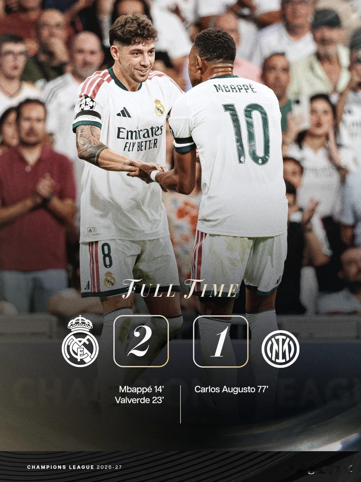 把6-1的比赛踢成了2-1，给皇马球员欧冠表现评个分！姆巴佩——7分，虽然打