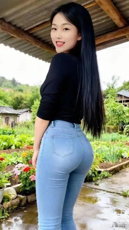 田园风光中的甜美笑容，黑衣蓝裤的时尚穿搭，尽显自然与优雅的完美结合。🌿💃🌸