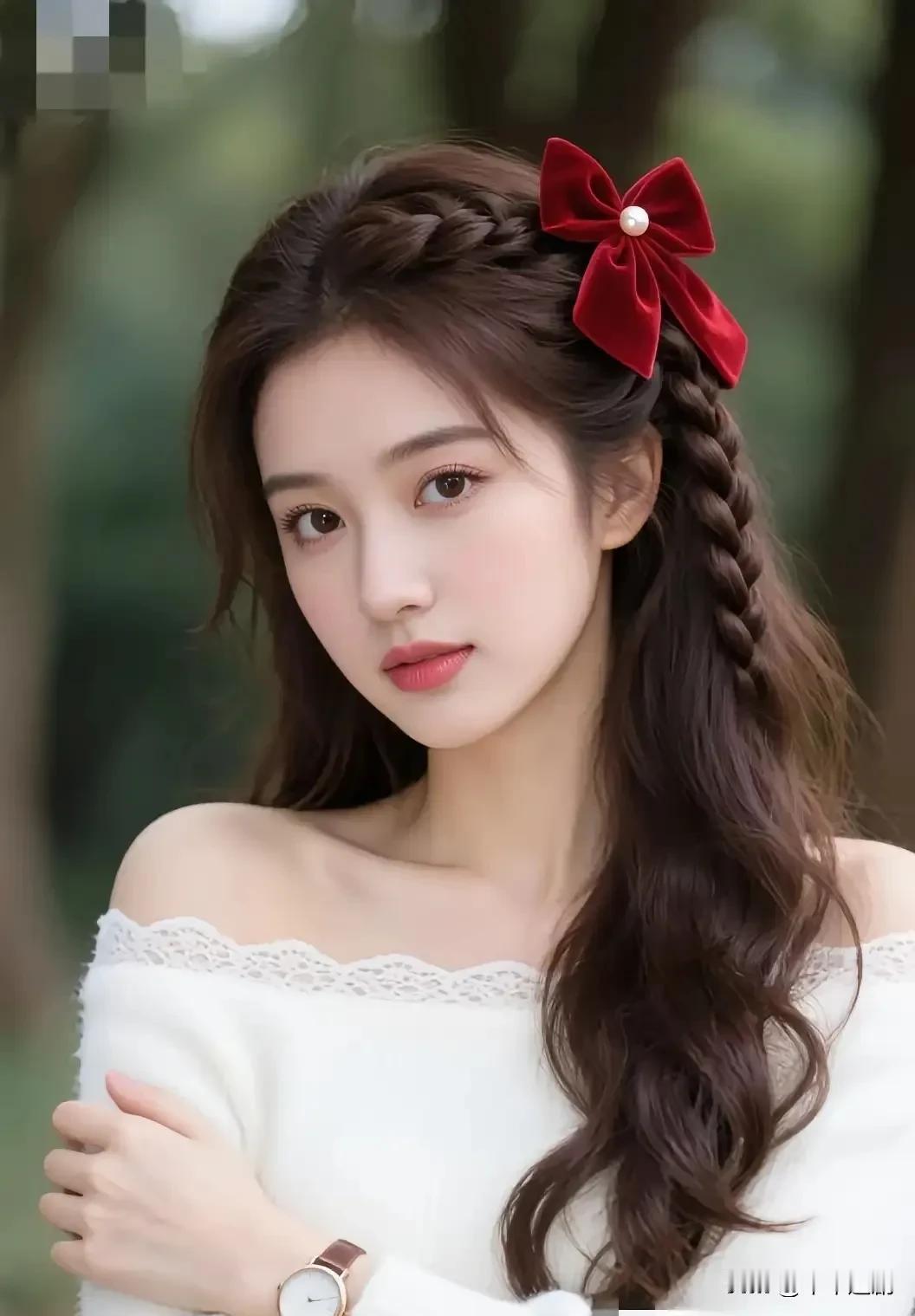 红丝绒蝴蝶结缀在麻花辫间，白蕾丝露肩衫衬出清甜气质，林间的温柔氛围感拉满粉雾玫