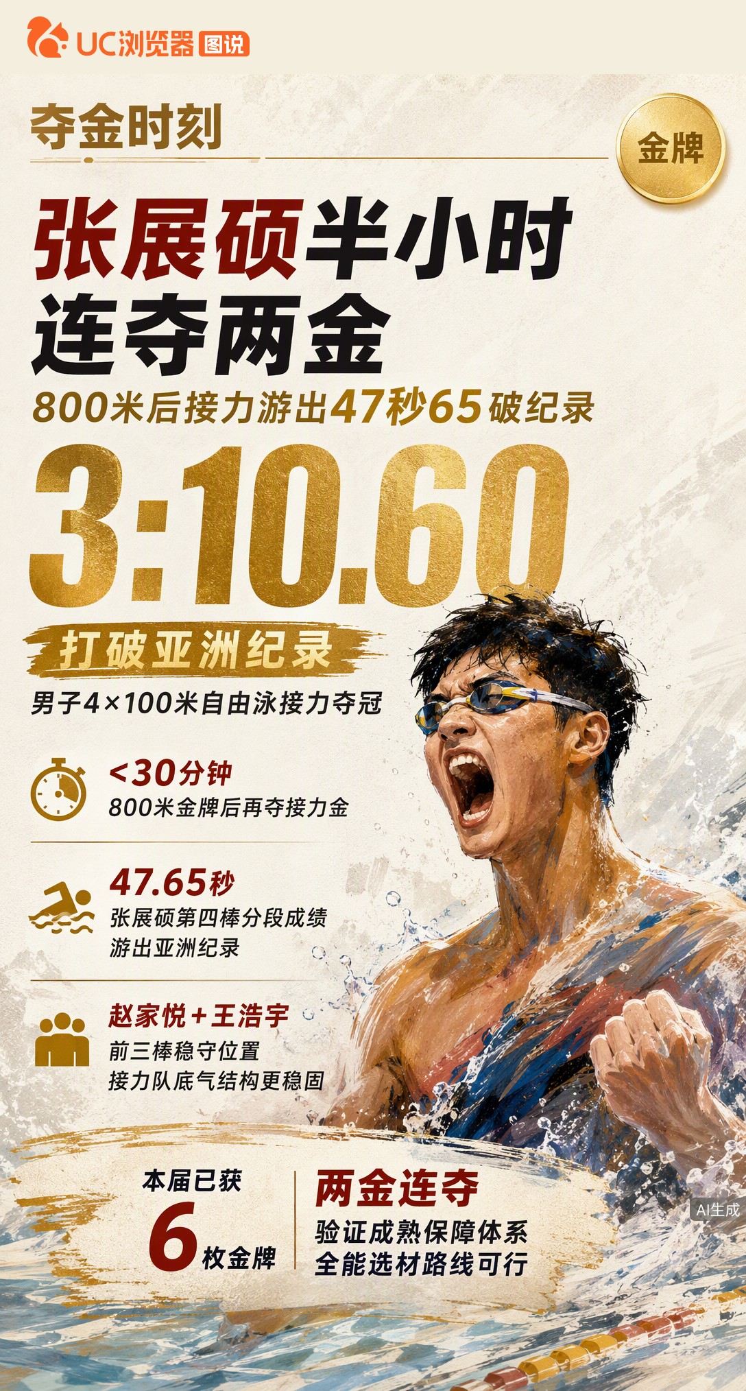 半小时连夺两金！张展硕800米自由泳夺冠后，接力末棒游出47秒65助队破亚洲纪录。本届第6金到手，长