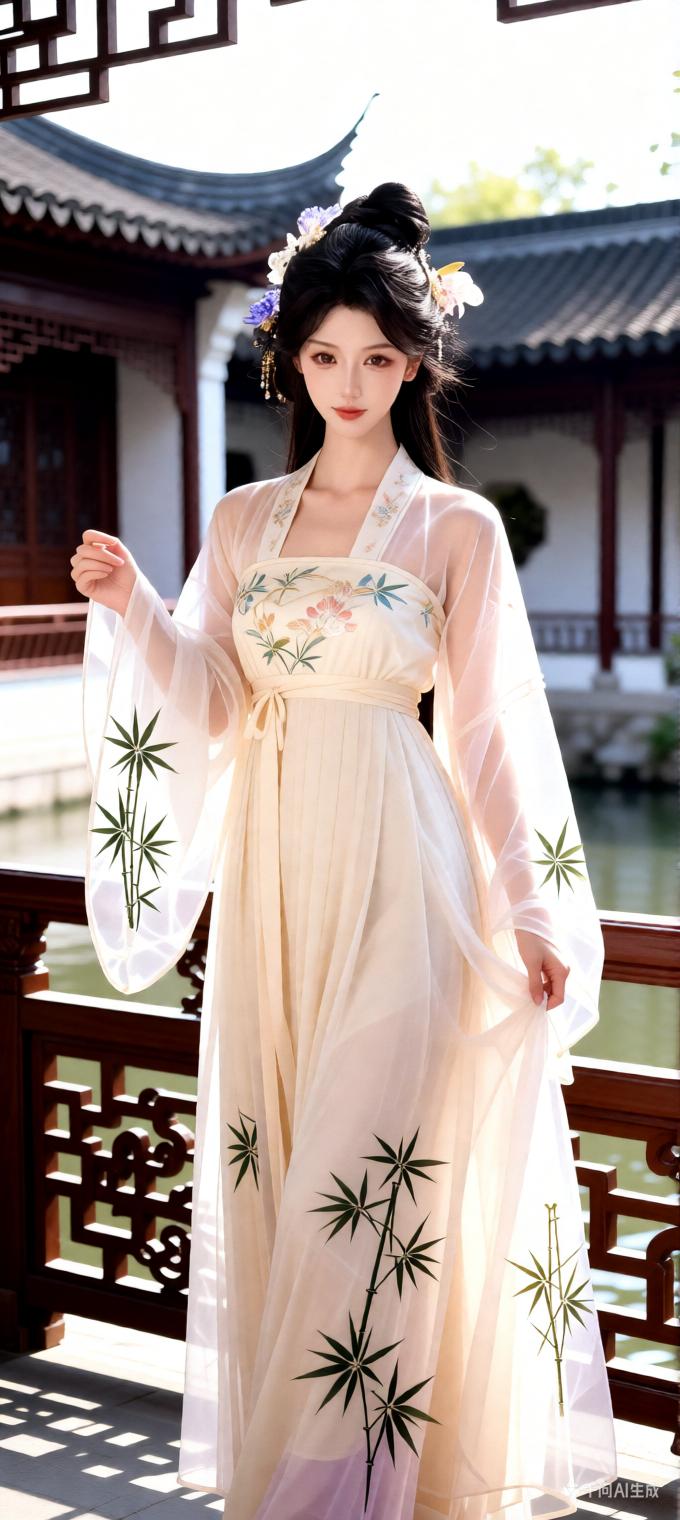 古风少女，花间漫步，汉服飘逸，韵味十足。