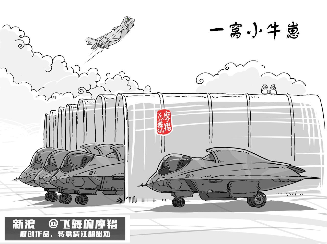 转发一张新浪博主“飞舞的摩羯“原创的绘画作品。标题是《一窝小牛崽》。看来歼-36