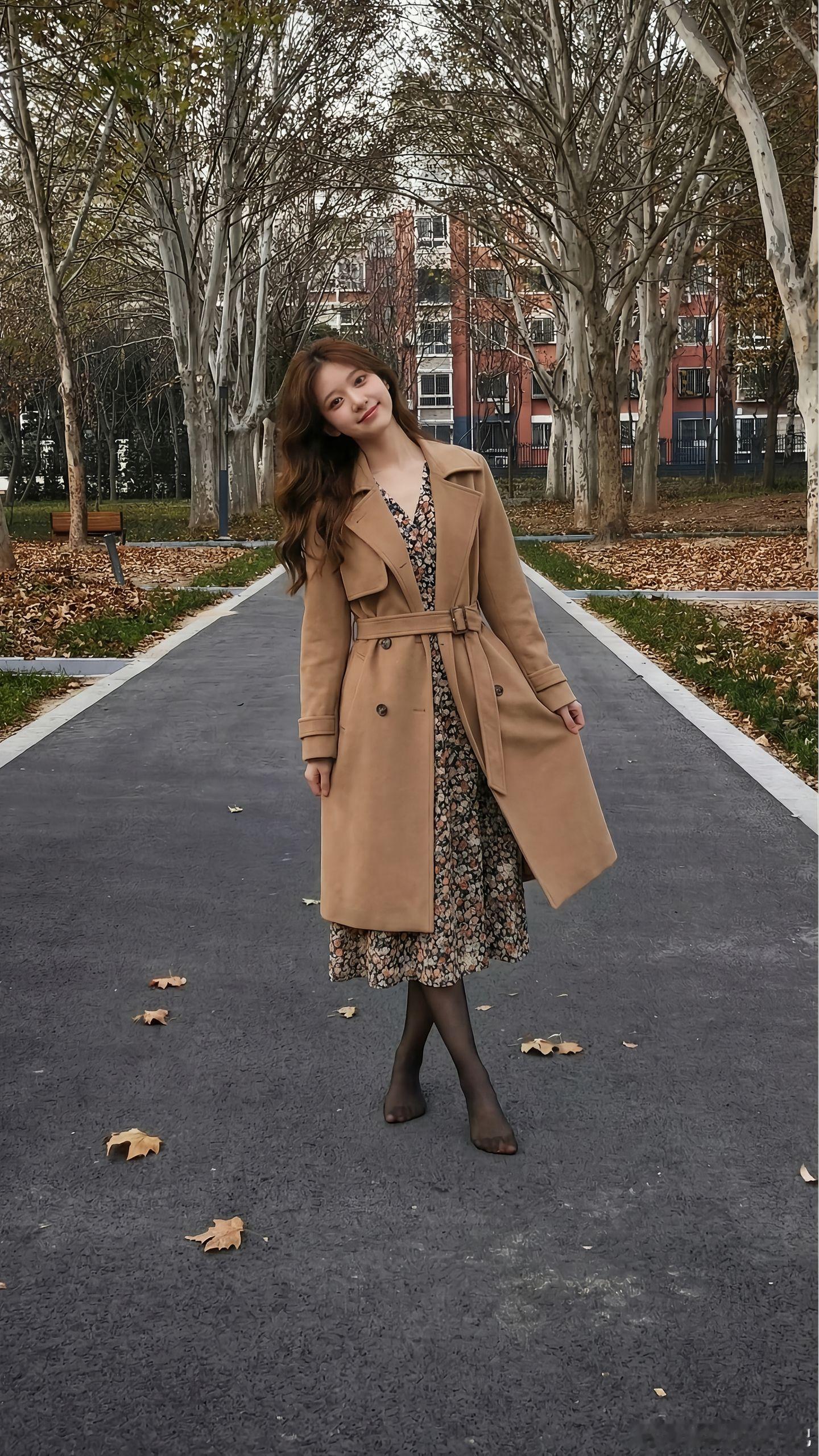 今天穿什么棕色大衣，碎花连身裙，黑丝，出门回头率拉满美女绘梦长廊