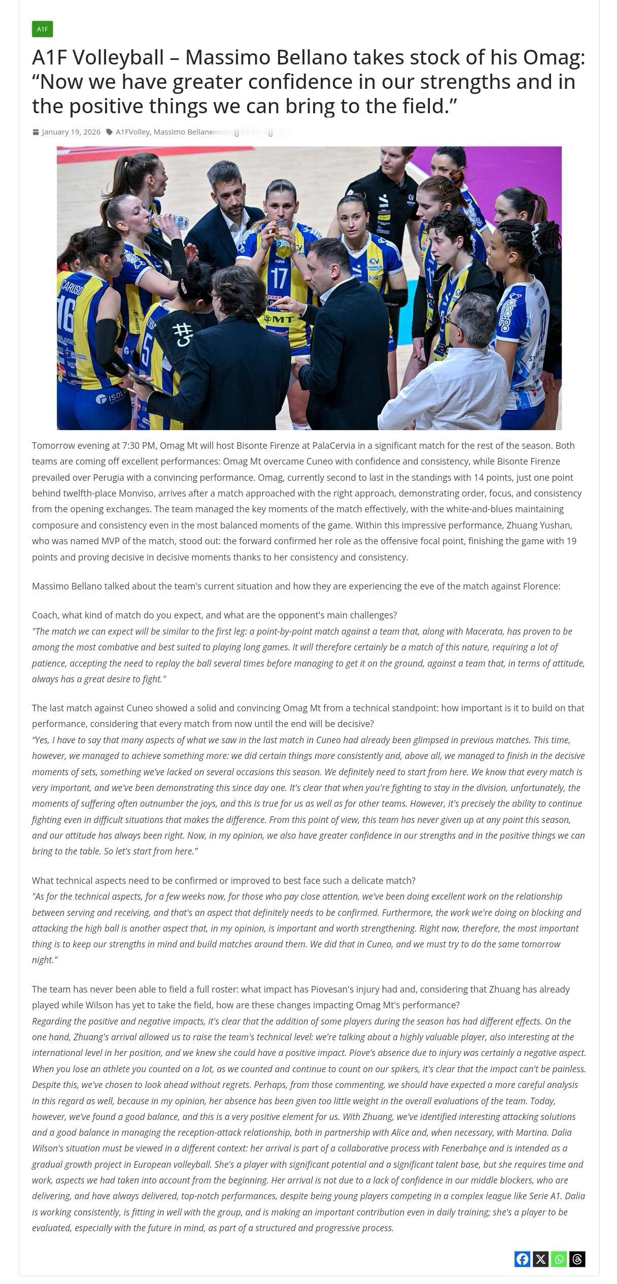 圣乔瓦尼主教练接受采访：对球队更有信心昨天，意媒《排球杂志》以“马西莫·贝拉