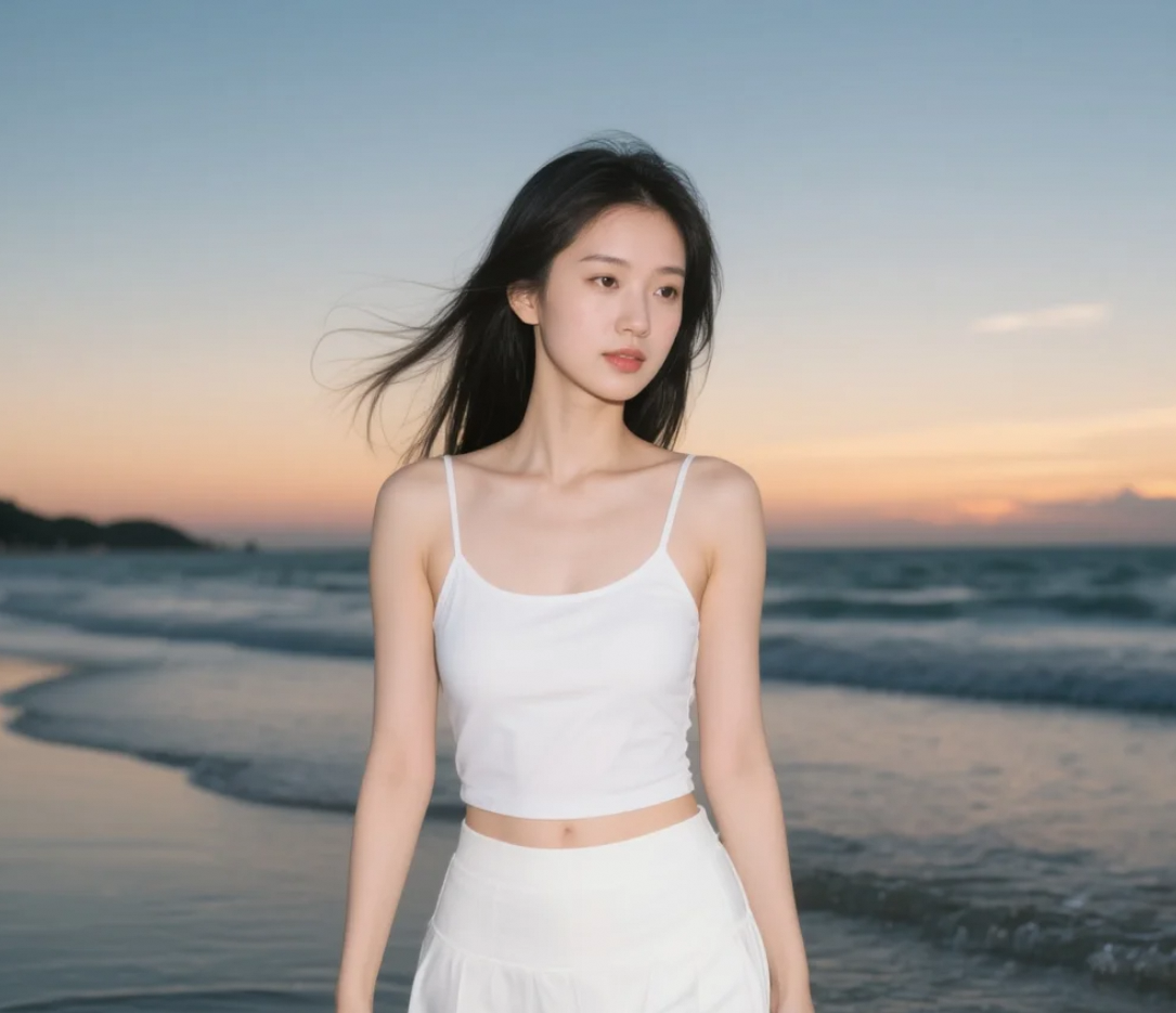 邂逅海边的她，白色短裙遇见夕阳暖光