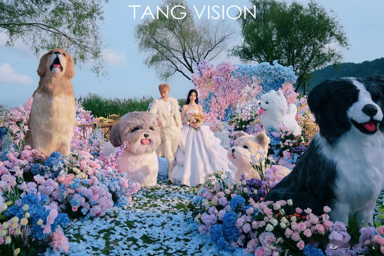 黄子韬徐艺洋喜欢养宠物，把汪星人元素都带进了的婚礼现场。场地摆放了几只巨大的狗狗