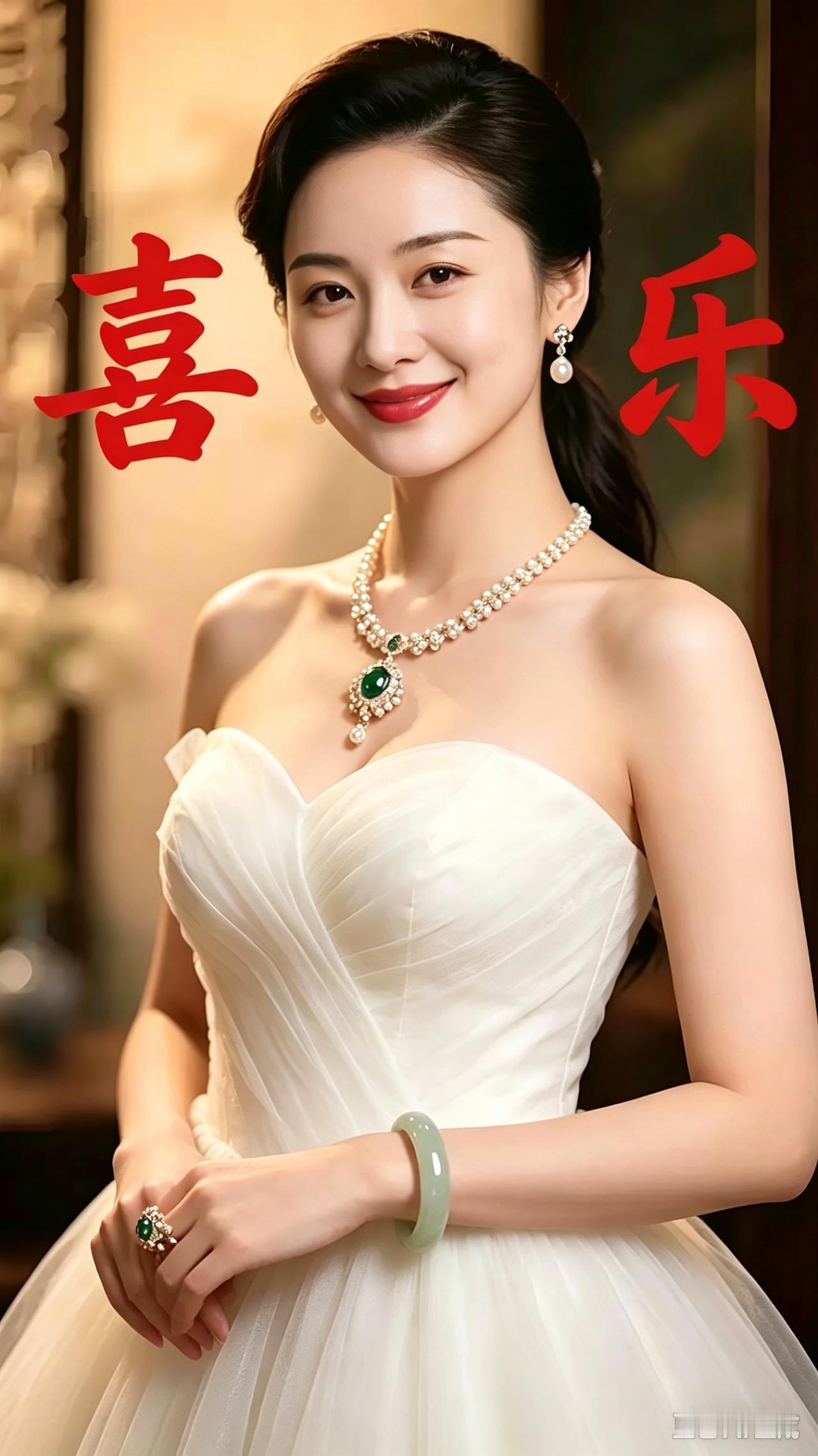 八句浅白小诗一袭白裙气质柔，珍珠项链衬玉扣。眉眼弯弯漾笑意，端庄大方不张