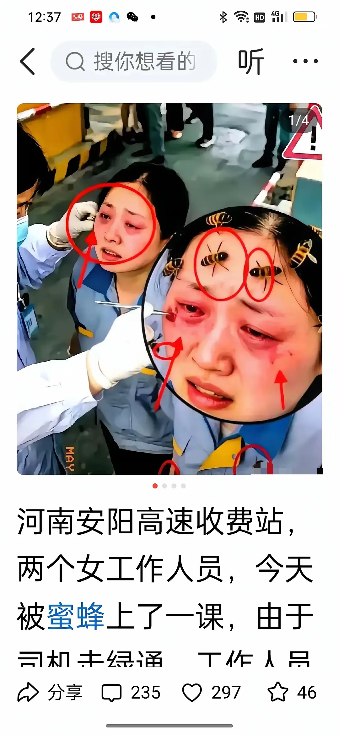 河南安阳收费站两个女工作人员，在检查绿色通道的货物时，不听司机的提醒。对运蜜蜂的