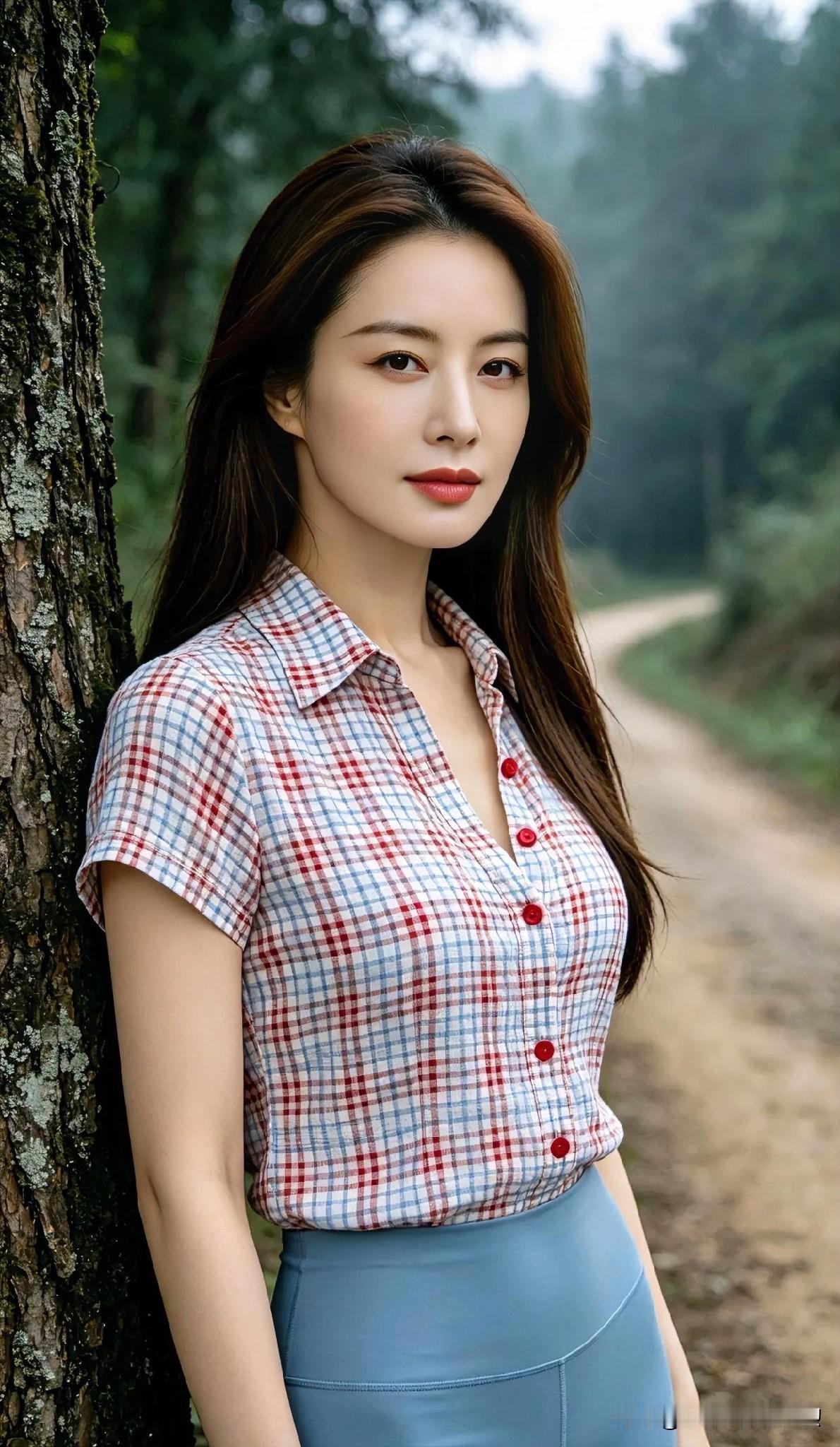 林荫小径旁，树影婆娑。红蓝格衫映衬着温婉笑靥，静倚苍木，眸光澄澈，宛如山野间悄然