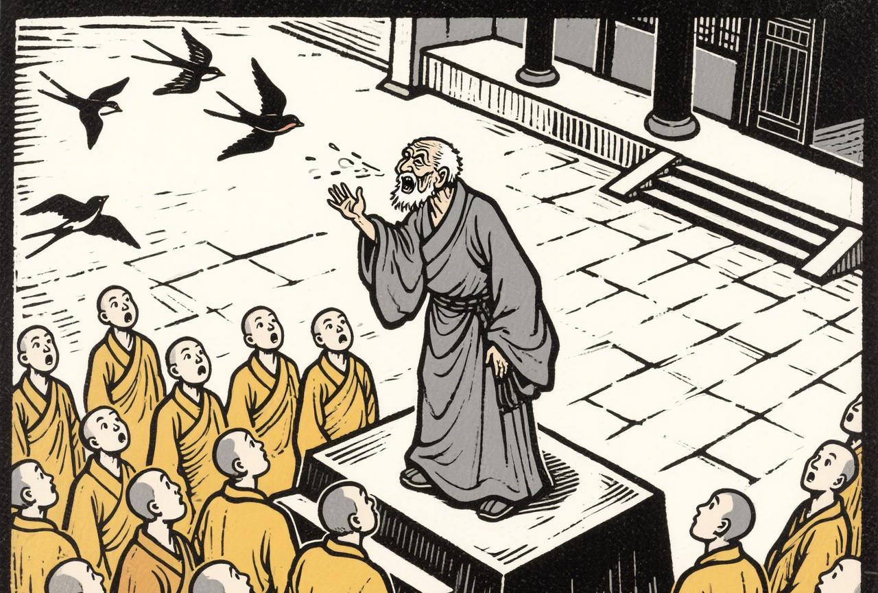 禅师着实被搞烦了，他怒气冲冲把僧众召集过来！“道很远么？你们身边的任何事物都蕴