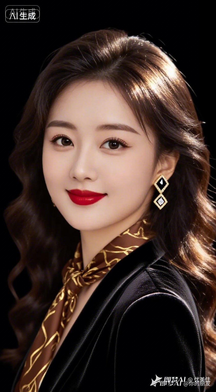 优雅红唇，时尚黑丝，复古耳环，完美造型！