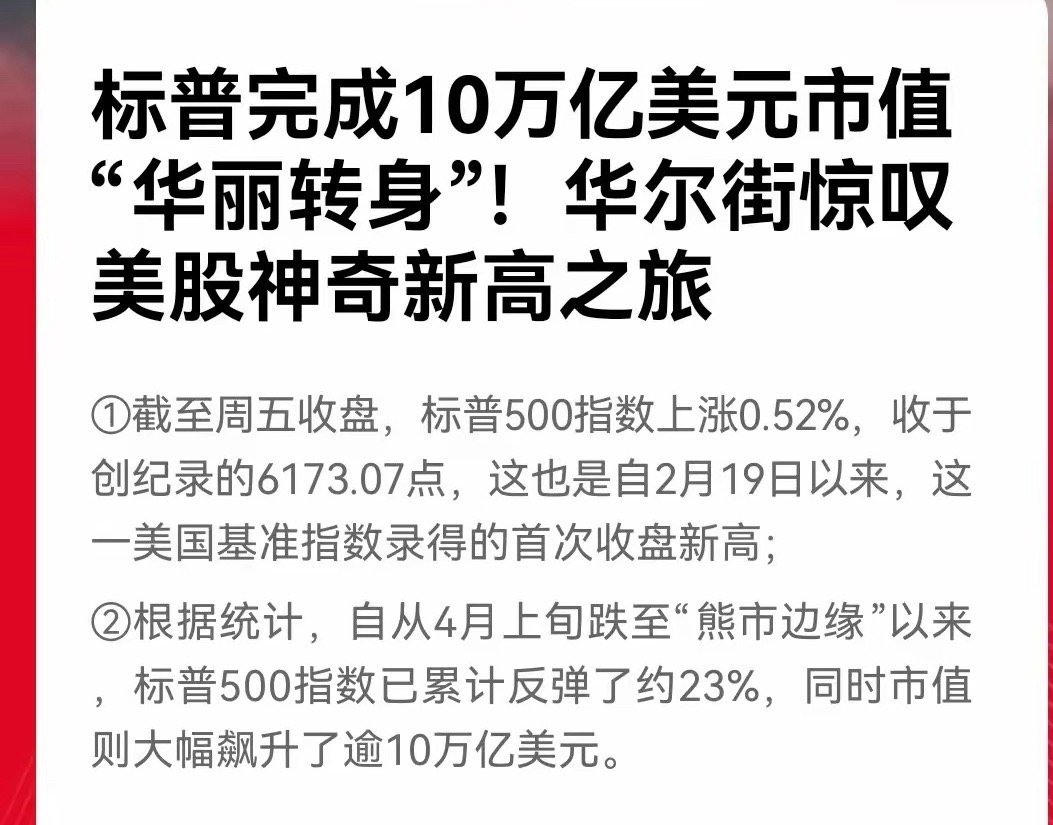 股市重磅利好消息！！！！！标普500指数完成10万亿美元市值“华丽转身”