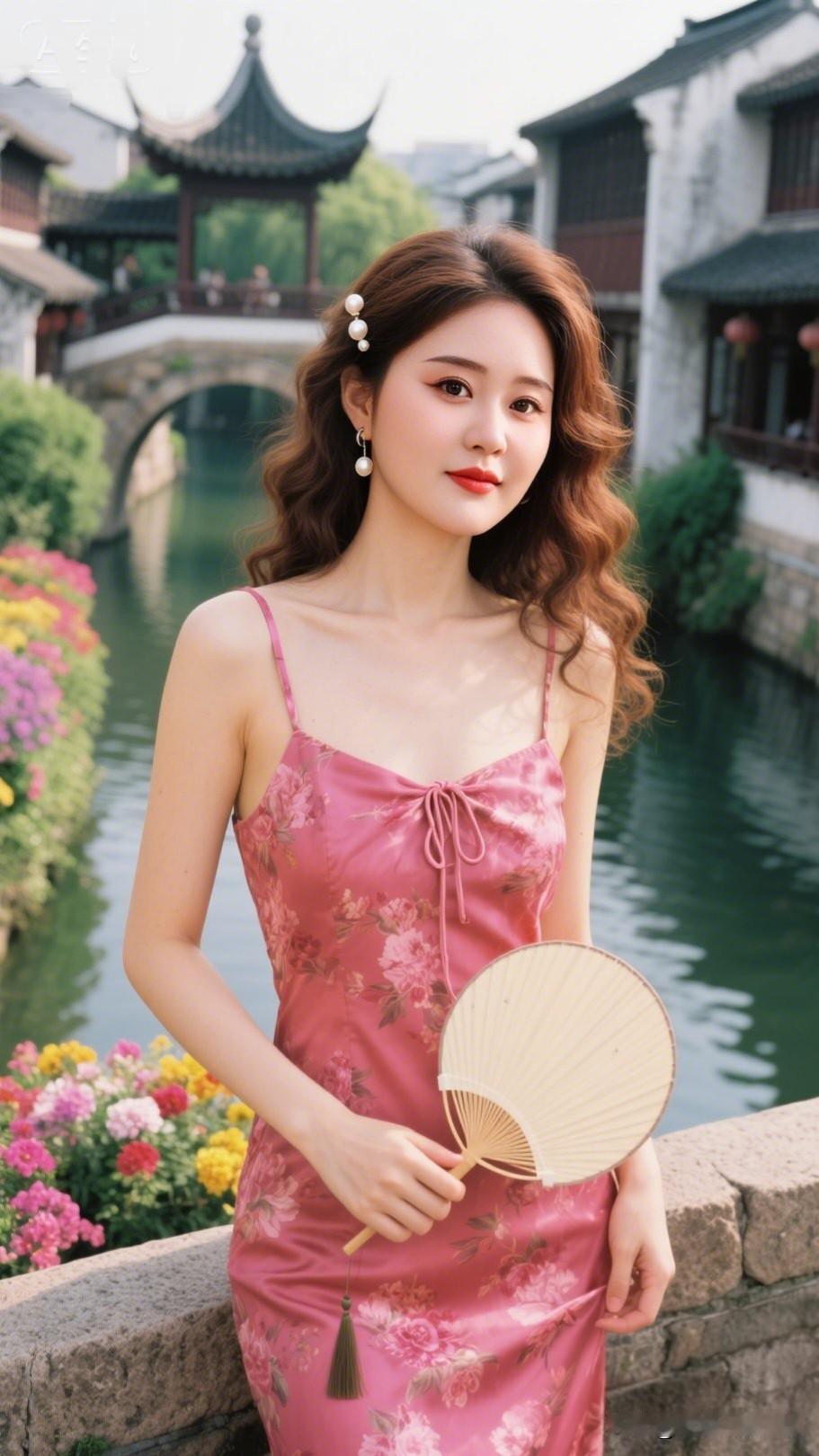 江南水乡，美人如画。分享精彩美拍粉裙美人，古桥流水，江南韵味，唯美如画。