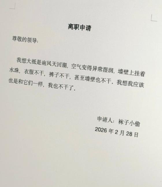 南风天回潮版离职申请火了！用天气说不干了，打工人看完笑到拍桌最近刷到一份离职申