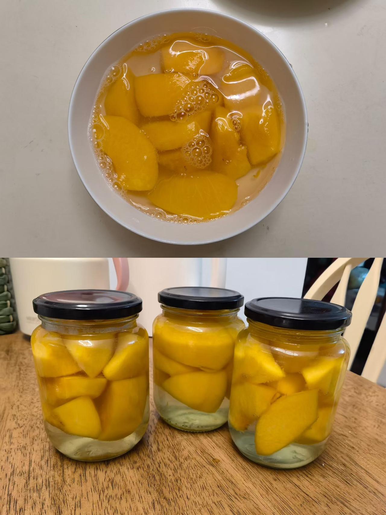 今天周末睡到了自然醒才起，瞅着厨房那袋放软的黄桃犯愁，干脆洗洗手折腾罐头。削皮切