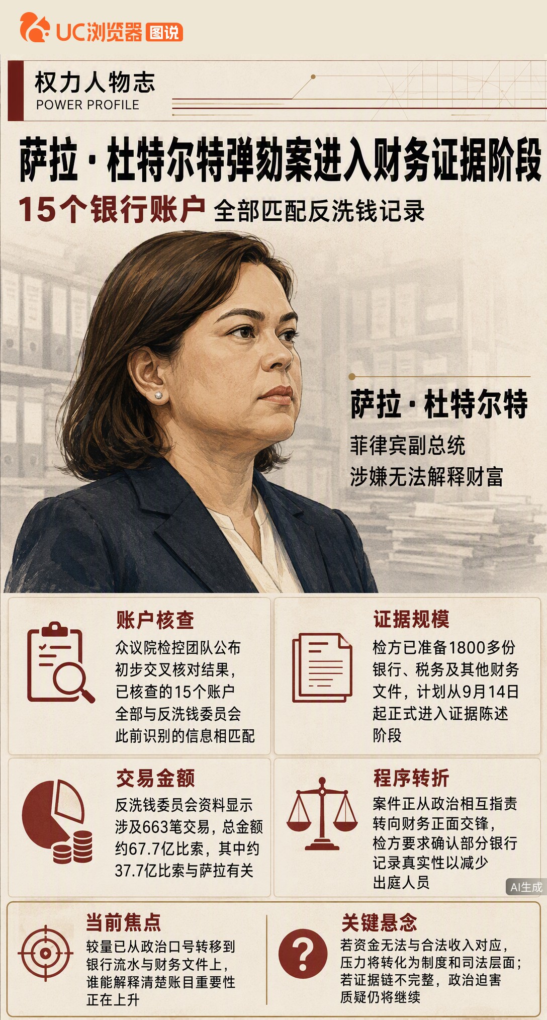 菲副总统萨拉弹劾案进入证据阶段：15个账户全匹配反洗钱记录，检方备齐1800份财务文件。这场风暴正从