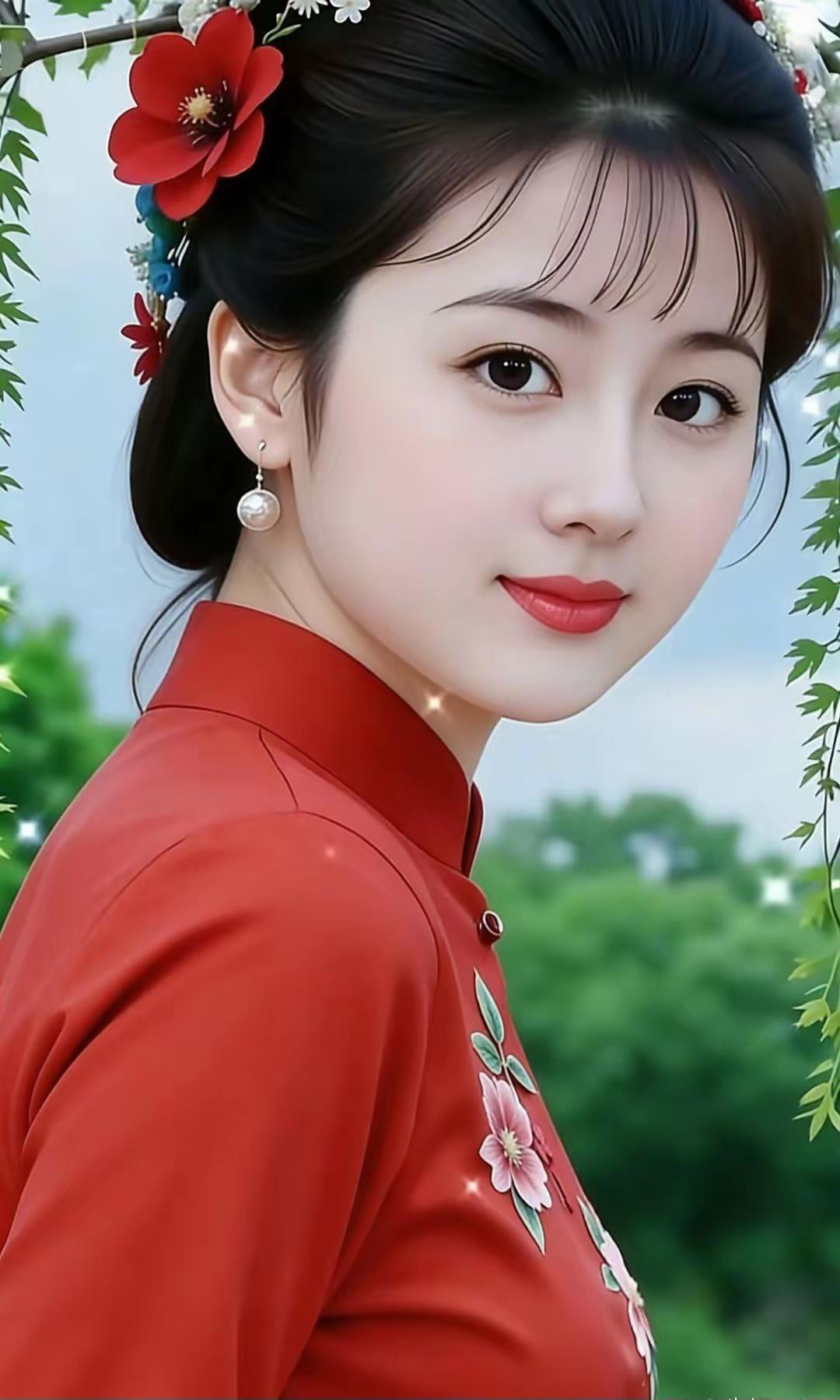 优雅红衣美人，花枝招展的古典韵味