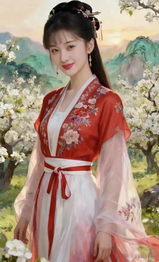 一袭汉服雅韵生，绣鸾凤花绽风情。不借丹青苗秀色，天然风韵倾人城。