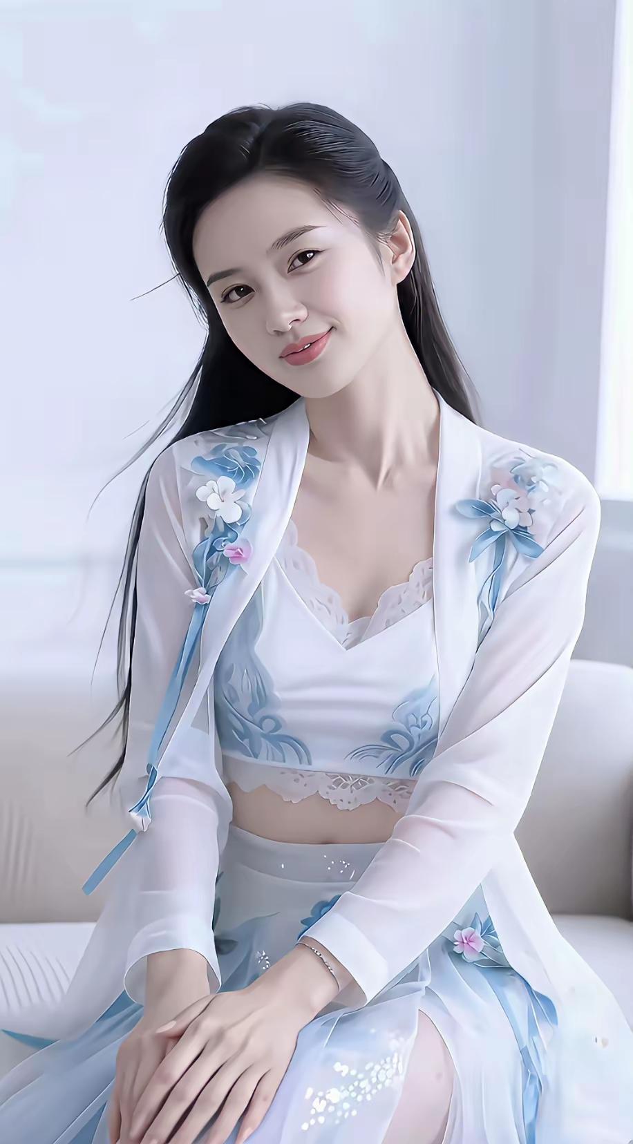清浅国风，温柔入夏淡蓝与白交织的国风纱衣，似揉进江南烟雨。轻薄面料泛着柔光，肩