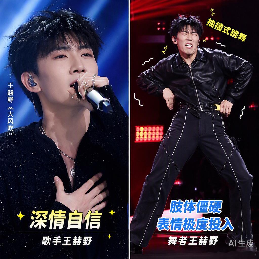 王赫野在《披荆斩棘》二公舞台，唱歌稳得像吃CD，跳舞却像刚装上的假肢还在磨合期。