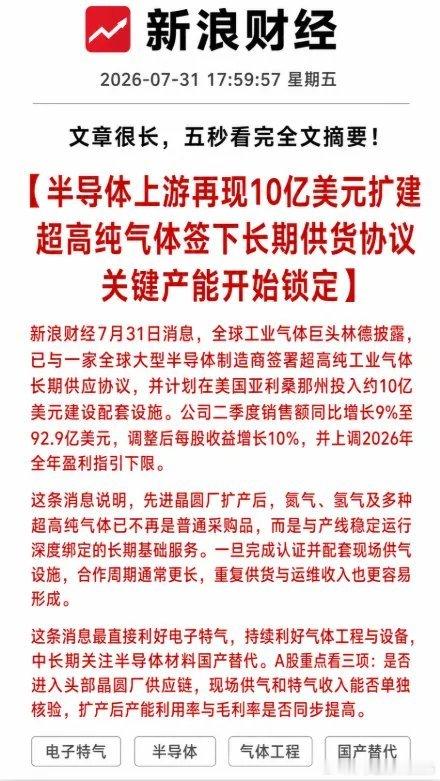 利好！重磅利好！半导体再现10亿美元扩建！超高纯气体签下长期供货协议，关键产能开