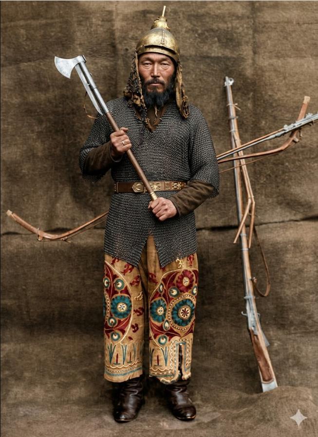 19世纪，一位哈萨克汗国武士的戎装全貌，是游牧文明最后的尚武剪影。他头戴尖顶铁