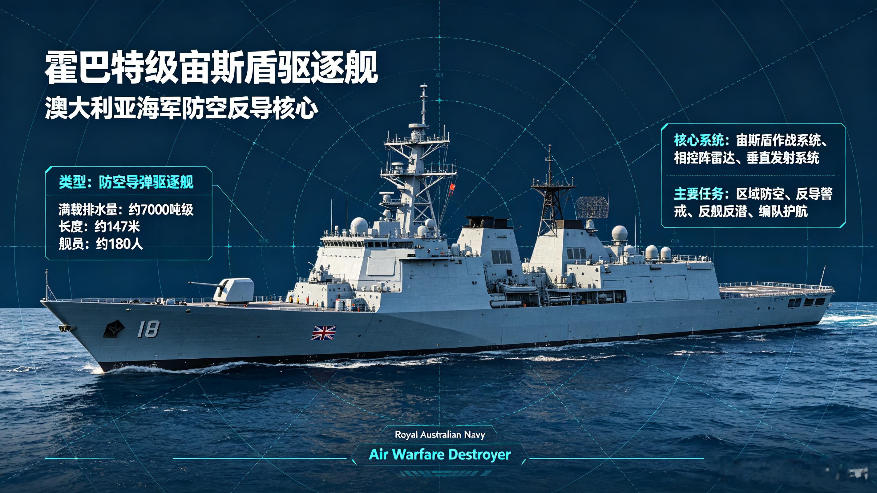 霍巴特级是澳大利亚海军现役唯一一型防空驱逐舰，一共建成3艘，是澳远洋编队的防空核心。该舰源自西班牙F