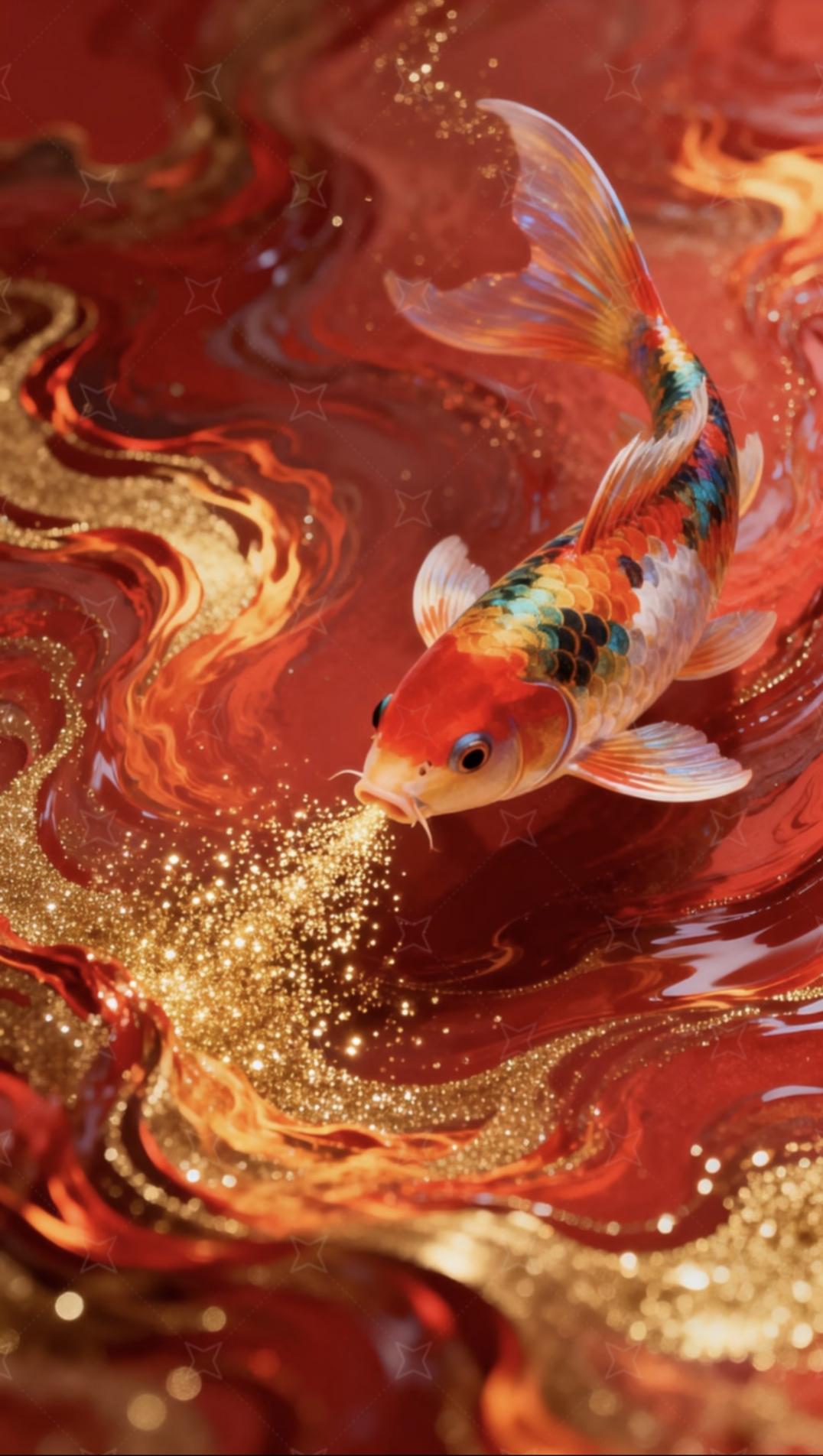 锦鲤吐金粉，财福都进门，好运连连到，吉祥如意顺绘画传统文化祝福