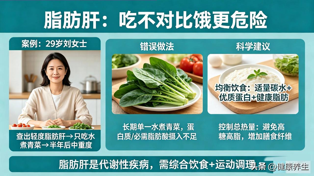 29岁刘女士查出轻度脂肪肝，以为不吃肉就能好，结果三餐只吃水煮青菜，半年后复查直