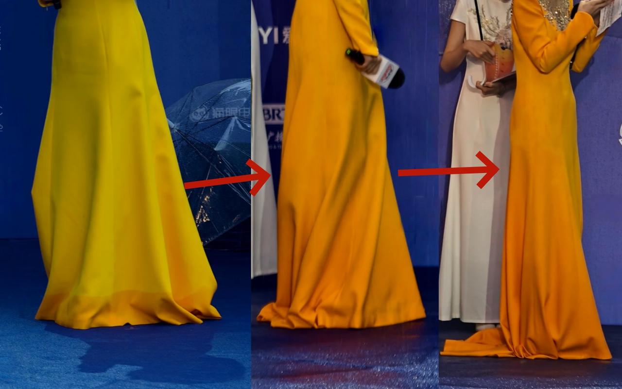 北影节雨中红毯，女主持人的裙子吸水变色，从刚出场时的明黄色，渐渐变成了橙色。一