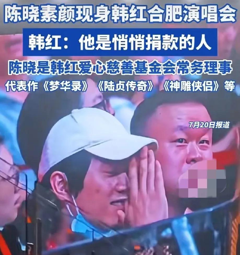陈晓素颜现身韩红演唱会，陈晓和韩红是多年的好友，韩红演唱会在合肥举办，正好在合肥